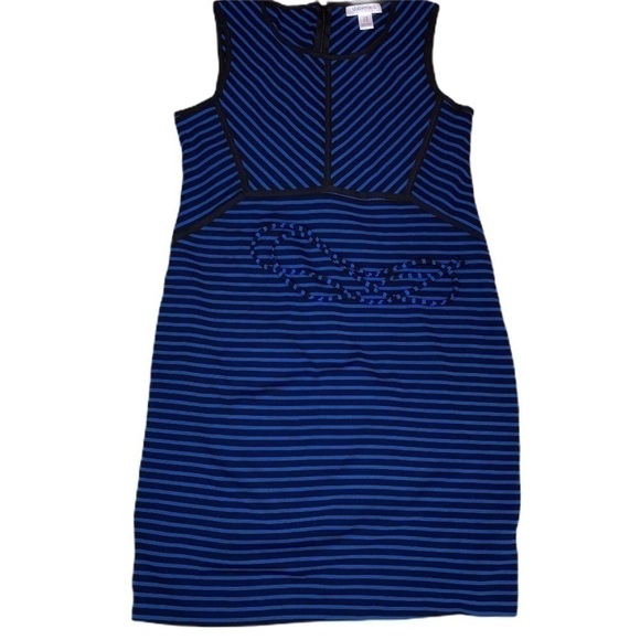 MOTHERHOOD Sleeveless Just Below the Knee Blue and Black Striped Maternity Dress - Picture 1 of 8